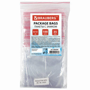 Пакеты с замком ZIP LOCK "зиплок", комплект 100 шт., 80х120 мм, ПВД, толщина 35 микрон, BRAUBERG. 606209 ― Кнопкару. Саранск