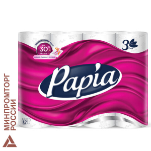 Бумага туалетная бытовая, спайка 12 шт., 3-слойная (12х16,8 м), PAPIA, белая, 5080722. 112051 ― Кнопкару. Саранск