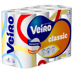 Бумага туалетная бытовая, спайка 24 шт., 2-х слойная (24х15 м), VEIRO Classic, белая, 5с224. 127072 ― Кнопкару. Саранск