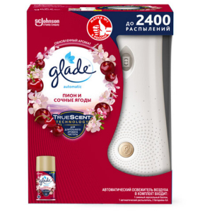 Освежитель воздуха автоматический, 269 мл, GLADE, диспенсер+сменный баллон, "Пион и сочные ягоды". 602181 ― Кнопкару. Саранск
