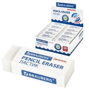 Ластик BRAUBERG "Original", 45х17х10 мм, белый, прямоугольный, экологичный ПВХ, картонный держатель. 228076 ― Кнопкару. Саранск
