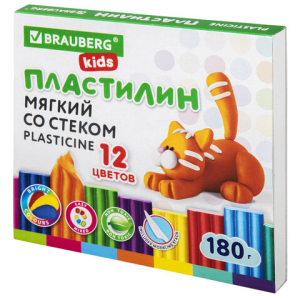 Пластилин мягкий восковой BRAUBERG KIDS, 12 цветов, 180 г, со стеком. 106495 ― Кнопкару. Саранск