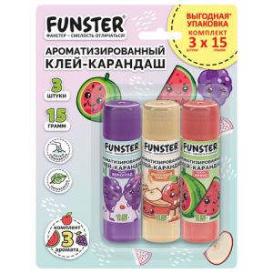 Клей-карандаш ароматизированный FUNSTER (ФАНСТЕР), яблоко, арбуз, виноград, 15 г, ВЫГОДНАЯ УПАКОВКА, 3 штуки на блистере. 274270 ― Кнопкару. Саранск