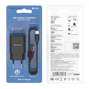 Зарядное устройство Borofone BA20A 220v-USB 2.1A + micro USB черный ― Кнопкару. Саранск