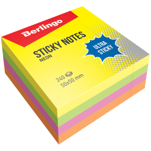 Самоклеящийся блок Berlingo "Ultra Sticky", 50*50мм, 240л., 4 неоновых цвета. LSn_40102, 270290 ― Кнопкару. Саранск