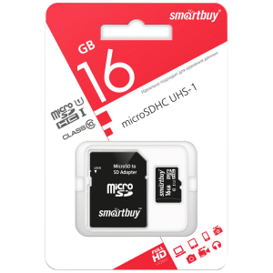 Карта памяти SmartBuy MicroSDHC 16GB UHS-1, Class 10, скорость чтения 30Мб/сек (c адаптером SD). SB16GBSDCL10-01, 239025 ― Кнопкару. Саранск