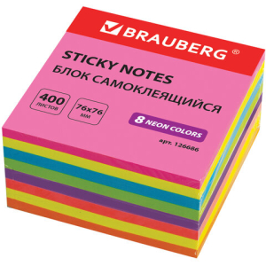 Блок самоклеящийся (стикеры), BRAUBERG, НЕОНОВЫЙ, 76х76 мм, 400 листов, 8 цветов, 126686 ― Кнопкару. Саранск