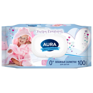 Салфетки влажные детские 100 шт., AURA Ultra Сomfort, гипоаллергенные, 0+, крышка клапан, 14588. 127500 ― Кнопкару. Саранск