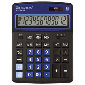 Калькулятор настольный BRAUBERG EXTRA-12-BKBU (206x155 мм), 12 разрядов, двойное питание, ЧЕРНО-СИНИЙ, 250472 ― Кнопкару. Саранск