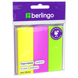 Флажки-закладки Berlingo "Ultra Sticky", 25*75мм, 100л*3 неоновых цвета, европодвес. LSz_41001, 287196 ― Кнопкару. Саранск
