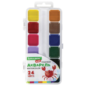 Краски акварельные BRAUBERG KIDS, медовые, 24 цвета, квадратные кюветы, пластиковый пенал, 192284 ― Кнопкару. Саранск