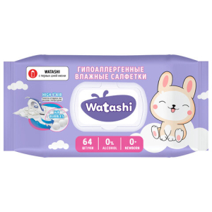 Салфетки влажные детские 64 шт., WATASHI, без спирта, 0+, с пластиковым клапаном, 12587. 117684 ― Кнопкару. Саранск