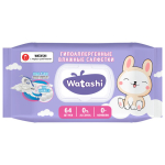Салфетки влажные детские 64 шт., WATASHI, без спирта, 0+, с пластиковым клапаном, 12587. 117684