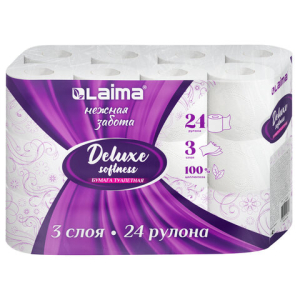 Бумага туалетная 3-х слойная, 24 рулона (24х16,5 м), LAIMA Deluxe, 100% целлюлоза, 115397 ― Кнопкару. Саранск