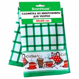 Салфетка из МИКРОФИБРЫ универсальная, 40х60 см, зеленая клетка, орнамент, 240 г/м2, BOOMHOUSE (БУМХАУС), 700878 ― Кнопкару. Саранск