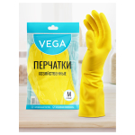 Перчатки резиновые хозяйственные Vega, многоразовые, хлопчатобумажное напыление, р. M, желтые, пакет с европодвесом.299046