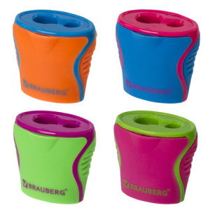 Точилка BRAUBERG "Mix Dual", 2 отверстия для чернографитных карандашей (в том числе утолщенных), с контейнером, корпус ассорти, 228449 ― Кнопкару. Саранск
