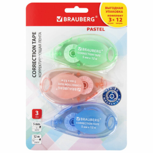 Корректирующая лента BRAUBERG PASTEL, 5 мм x 12 м, механизм перемотки, ВЫГОДНАЯ УПАКОВКА 3 штуки в блистере, 271252 ― Кнопкару. Саранск