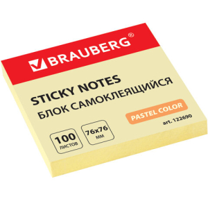 Блок самоклеящийся (стикеры) BRAUBERG, ПАСТЕЛЬНЫЙ, 76х76 мм, 100 листов, желтый, 122690 ― Кнопкару. Саранск