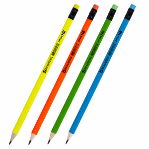Карандаш чернографитный BRAUBERG, 1 шт., "Neon", HB, трехгранный, с ластиком, корпус неоновый ассорти, 181298 ― Кнопкару. Саранск