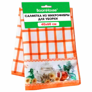 Салфетка из МИКРОФИБРЫ универсальная, 40х60 см, оранжевая клетка, орнамент, 240 г/м2, BOOMHOUSE (БУМХАУС), 700877 ― Кнопкару. Саранск