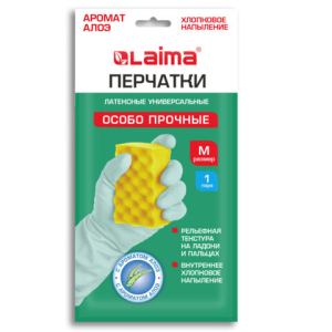 Перчатки МНОГОРАЗОВЫЕ латексные LAIMA, С АРОМАТОМ АЛОЭ, зеленые, хлопчатобумажное напыление, размер M (средний), вес 50 г, 700545 ― Кнопкару. Саранск