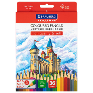 Карандаши цветные мягкие BRAUBERG АКАДЕМИЯ, 36 цветов, шестигранные, грифель 3 мм, натуральное дерево, 181867 ― Кнопкару. Саранск