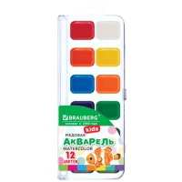 Краски акварельные BRAUBERG KIDS NEW, медовые, 12 цветов, квадратные кюветы, пластиковый пенал с европодвесом, 192796 ― Кнопкару. Саранск