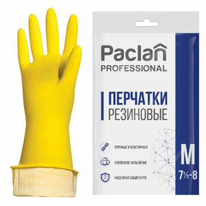 Перчатки МНОГОРАЗОВЫЕ латексные PACLAN "Professional", хлопчатобумажное напыление, размер 7,5-8, M (средний), желтые. 602489 ― Кнопкару. Саранск