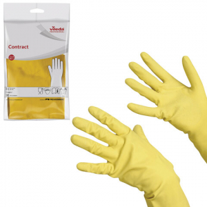 Перчатки хозяйственные резиновые VILEDA "Контракт" с х/б напылением, размер XL (очень большой), желтые. 102588  ― Кнопкару. Саранск