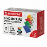 Зажимы для бумаг BRAUBERG, КОМПЛЕКТ 12 шт., 19 мм, на 60 листов, цветные, картонная коробка. 224470