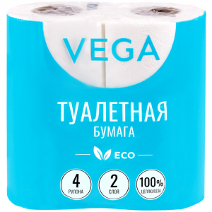 Бумага туалетная Vega 2-слойная, 4шт., эко, 15м, тиснение, белая, 100% целлюлоза. 315618 ― Кнопкару. Саранск