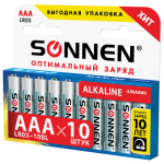 Батарейки КОМПЛЕКТ 10 шт, SONNEN Alkaline, AAA (LR03, 24А), алкалиновые, мизинчиковые, в коробке. 451089