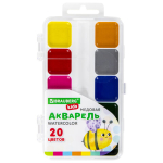 Краски акварельные BRAUBERG KIDS, медовые, 20 цветов, квадратные кюветы, пластиковый пенал. 192283