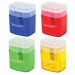 Точилка BRAUBERG "OfficeBox", с контейнером и крышкой, прямоугольная, в упаковке с подвесом, ассорти. 222494