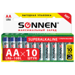 Батарейки КОМПЛЕКТ 10 шт., SONNEN Super Alkaline, АА (LR6,15А), алкалиновые, пальчиковые, в коробке. 454231