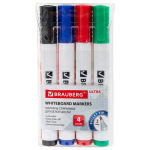Маркеры стираемые для белой доски, НАБОР 4 ЦВЕТА, BRAUBERG "ULTRA WHITEBOARD MARKER", 3 мм. 152635